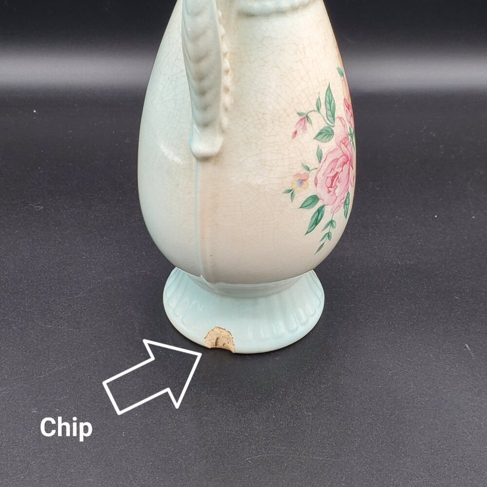 ROYAL COPLEY Vintage 1940s Ceramic Blue & Pink Double Handle Rose 7" Vase - Picture 4 of 6